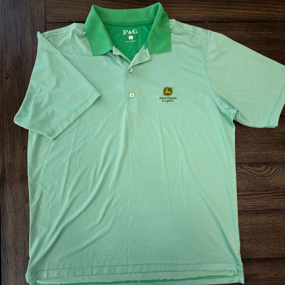 F&G Mens John Deere Classic Polo Shirt XL Green White Striped Wicking Golf Tee